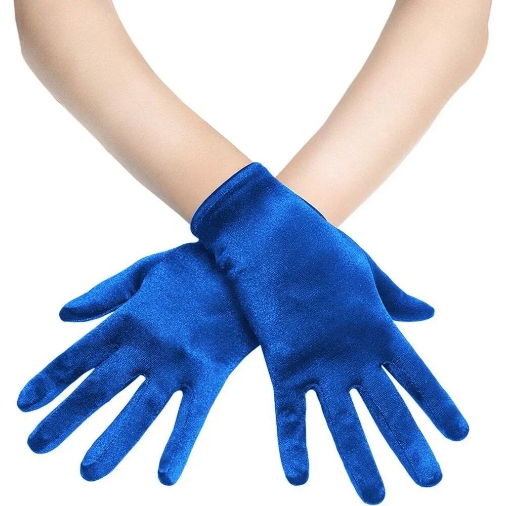 Women's Short Blue Satin Silk Gloves Banquet Wedding Party Costume Accessories